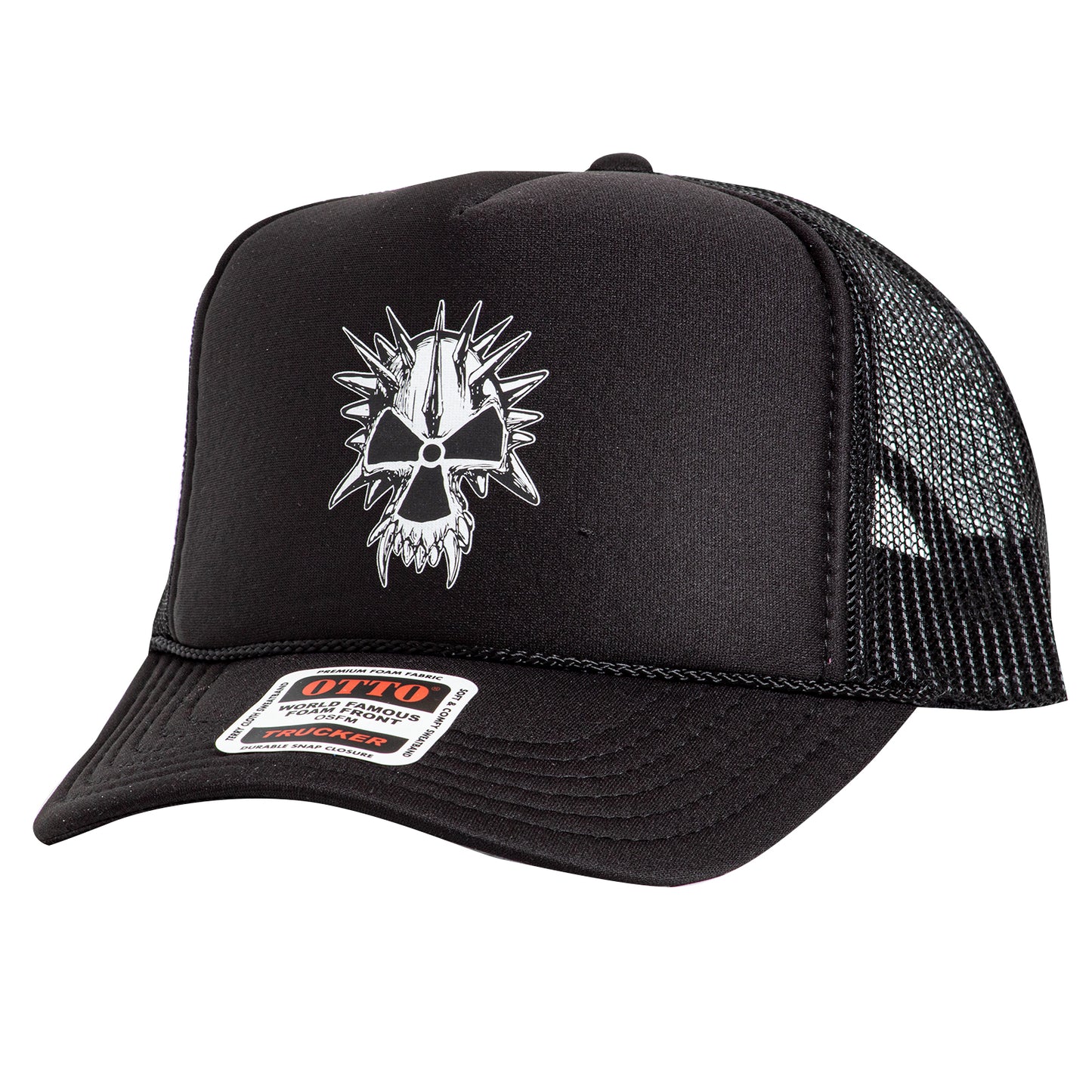 Black trucker cap with white skull design and brand label on a white background