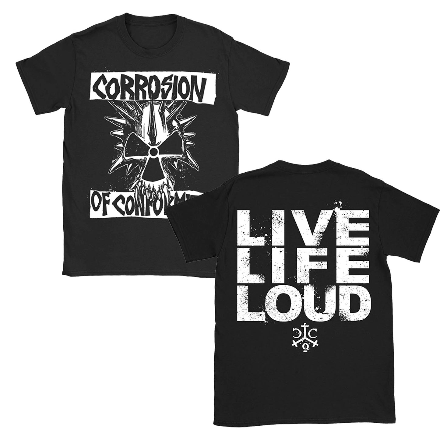 Black t-shirt with 'Corrosion of Conformity' logo on front and 'Live Life Loud' text on back