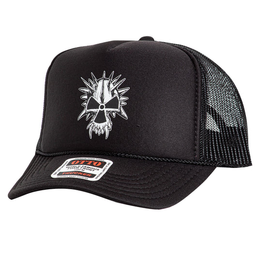 Black trucker cap with white skull design and brand label on a white background